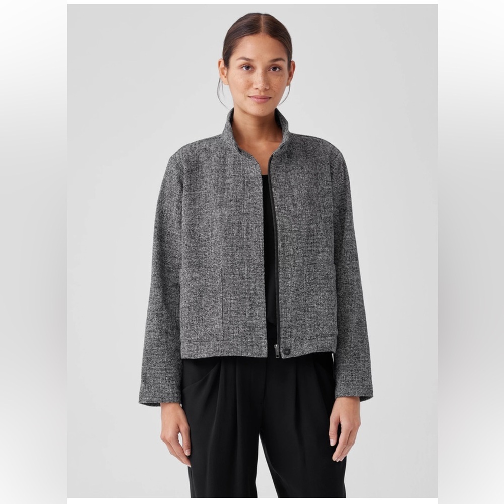 Eileen Fisher Organic Cotton Tweed Stand Collar Jacket Size Large